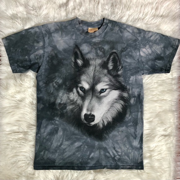 The Mountain Blue Gray Tie Dye Wolf Wolfpack T Shirt Crewneck Short Sleeve - Picture 2 of 9